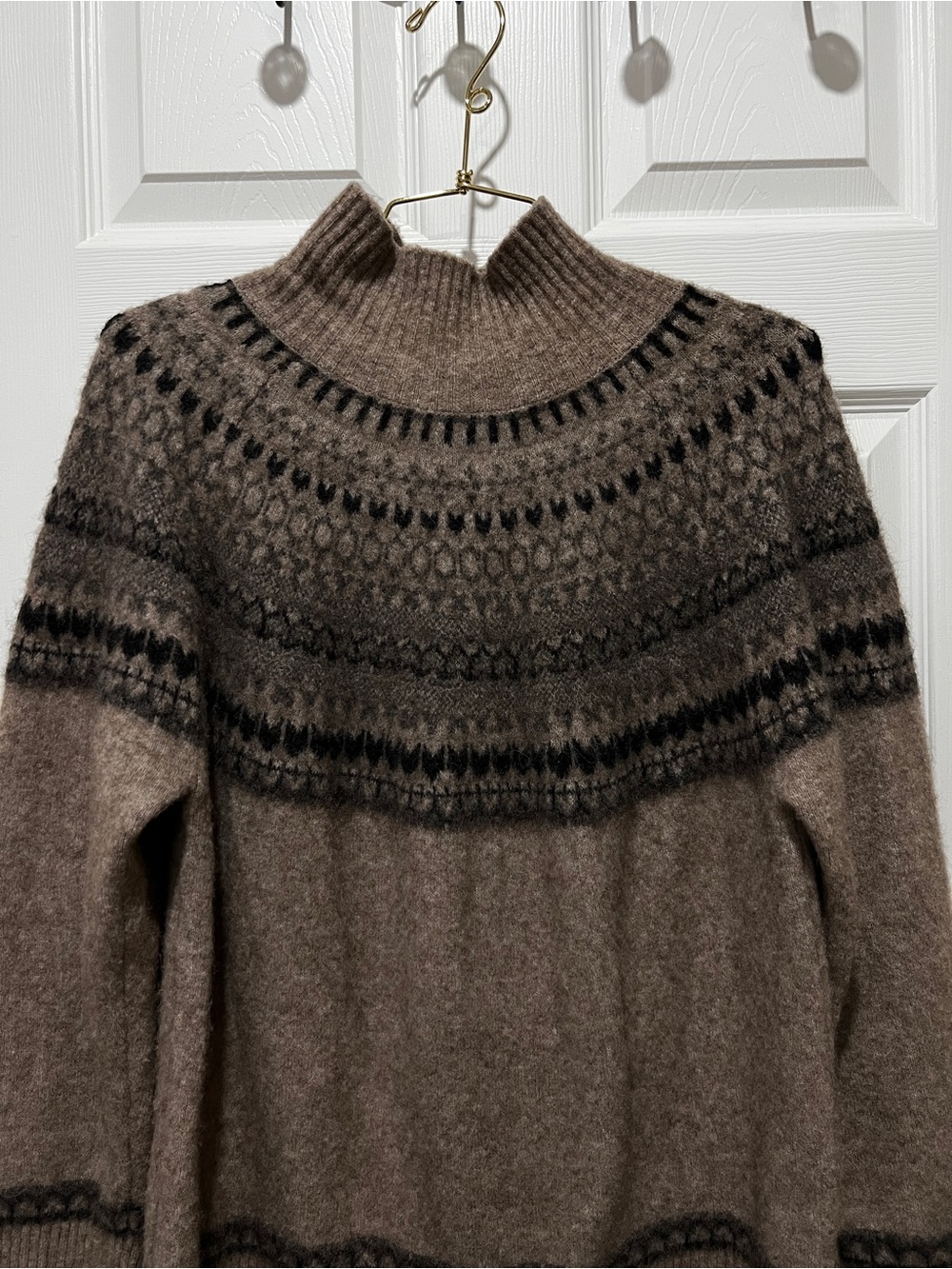 ZARA Sweater Mock-Neck Fair Isle Nordic Size Medium Wool Blend Brown Long Sleeve - Picture 3 of 6